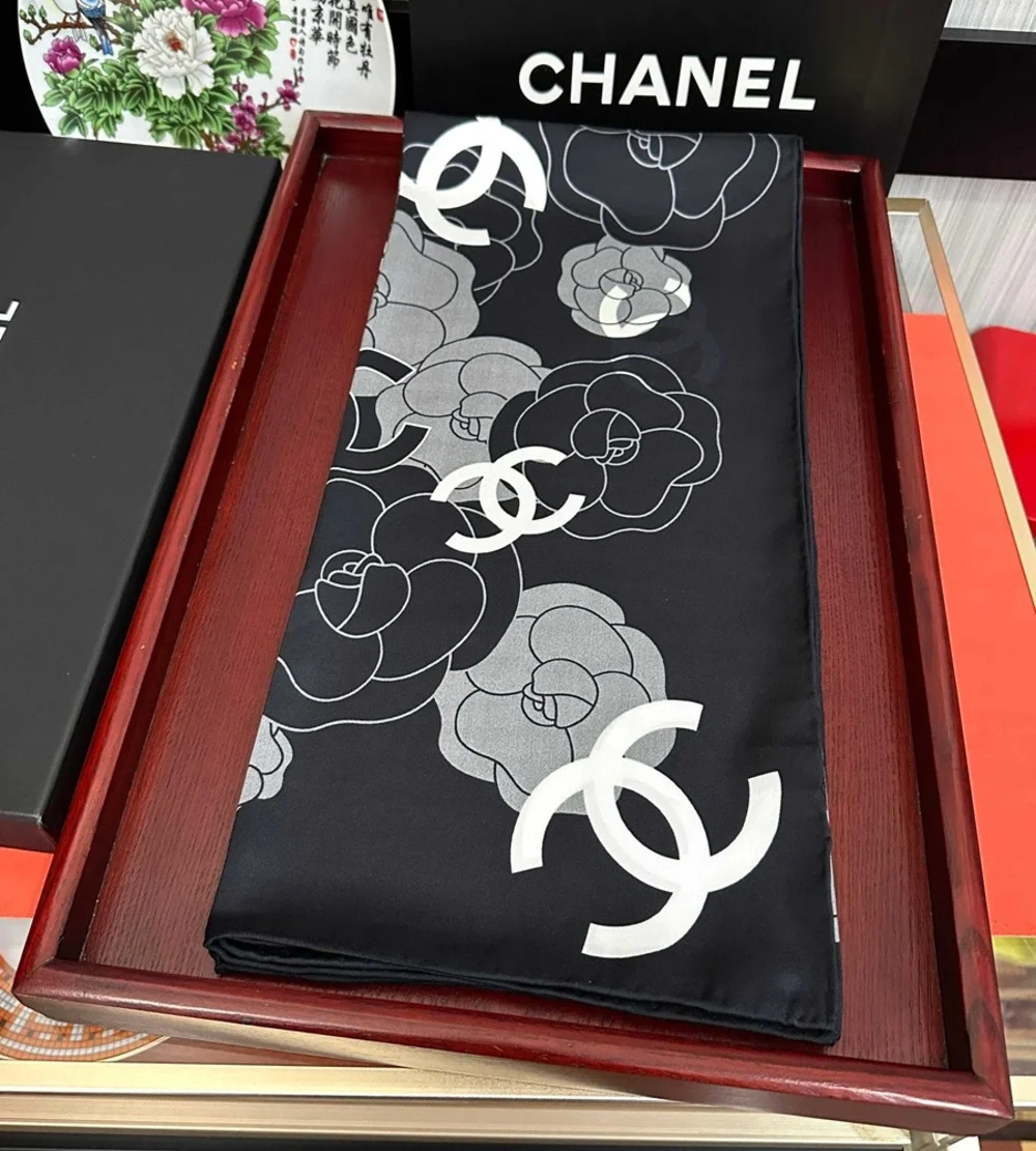 Chanel Camellia & CC Logo Silk Scarf (Black & Gray)